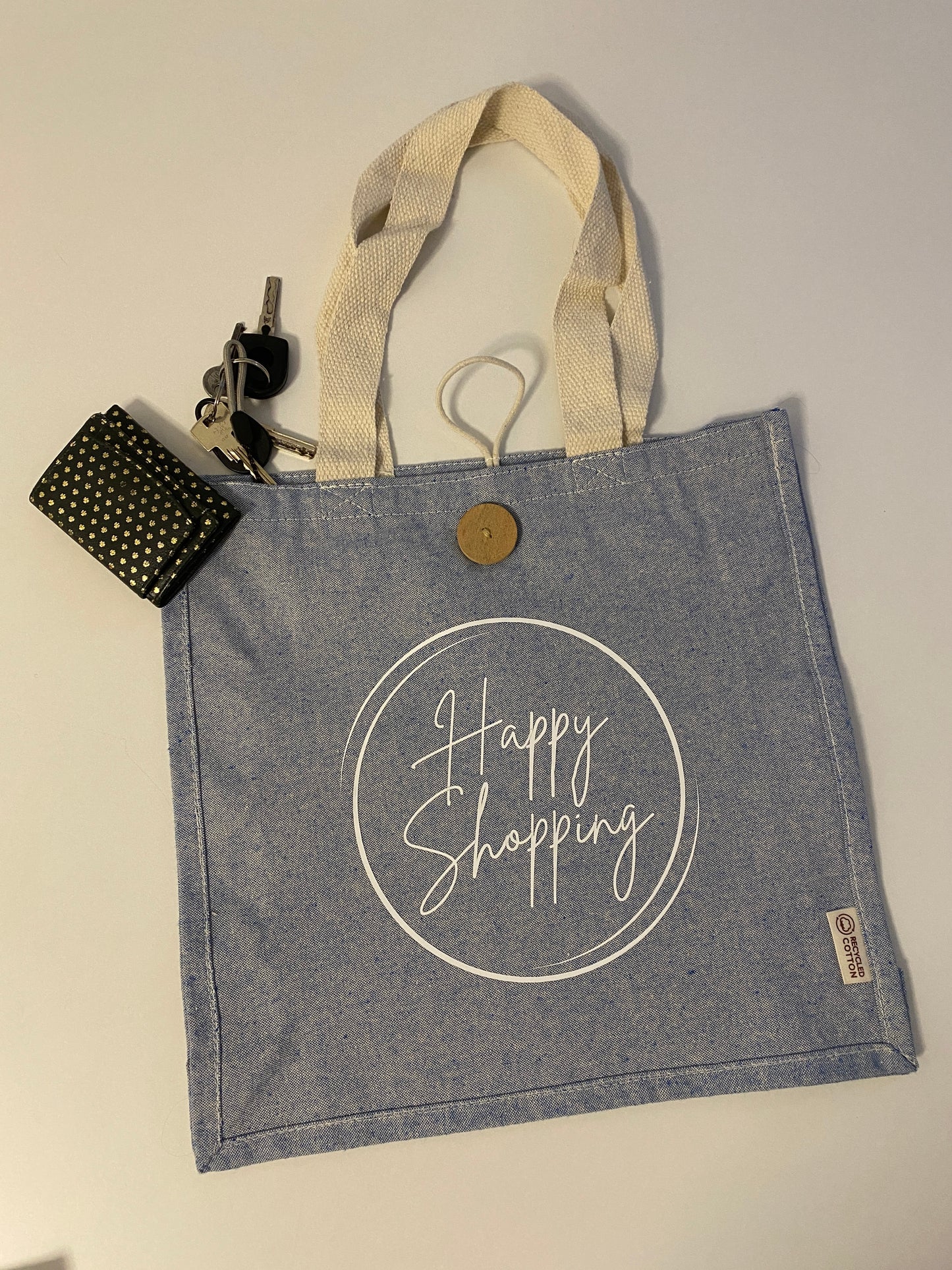 Happy Shopping - Nachhaltige fröhliche Tasche in jeansblau