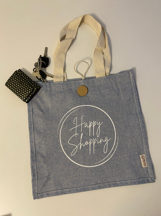 Happy Shopping - Nachhaltige fröhliche Tasche in jeansblau