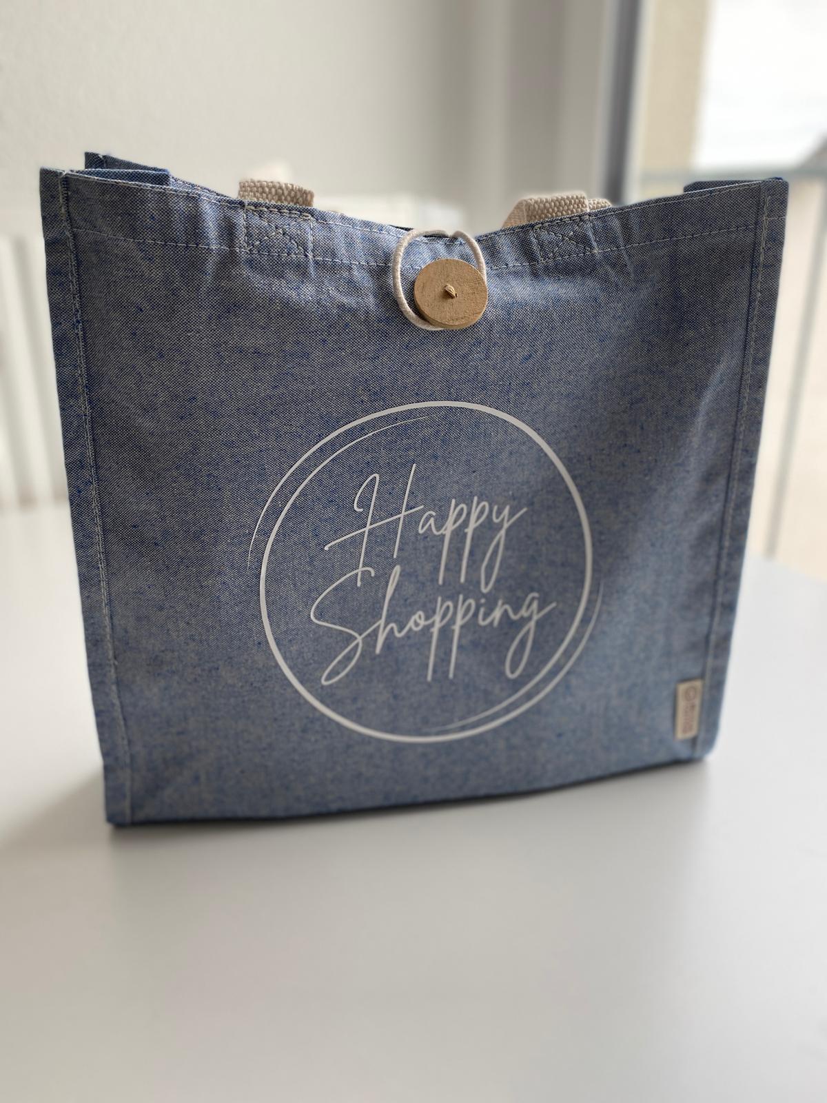 Happy Shopping - Nachhaltige fröhliche Tasche in jeansblau